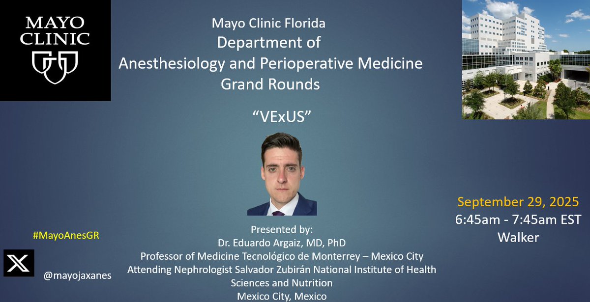 Eduardo R Argaiz (@argaizr) on Twitter photo I am grateful for the opportunity to present at the Mayo Clinic Florida Anesthesiology Grand Rounds next Monday.
Thank you <a href="/mayojaxanes/">MCF Anesthesiology Residency</a> for the kind invitation. I am grateful for the opportunity to present at the Mayo Clinic Florida Anesthesiology Grand Rounds next Monday.
Thank you <a href="/mayojaxanes/">MCF Anesthesiology Residency</a> for the kind invitation.