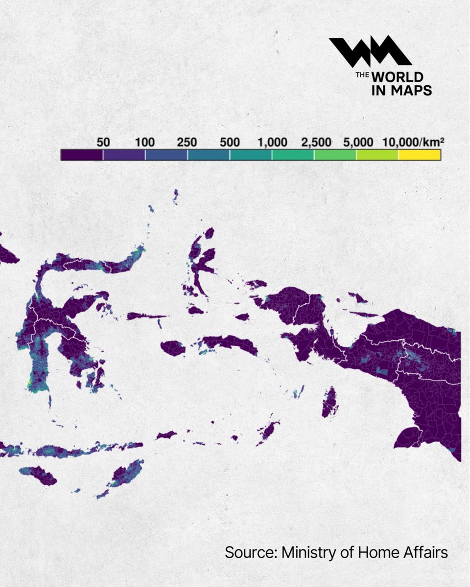 Indonesia is the fourth most populous country in the world, with more than 270 million people spread across over 17,000 islands. But as this map shows, the population is far from evenly distributed.