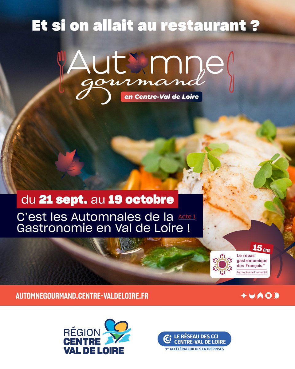 #AutomneGourmand 🍂👩‍🍳
Du 21/09 au 19/10, vivez les Automnales de la Gastronomie en Val de Loire - Acte 1 : La surprise des Chefs!

🤫 Menus &amp; Chefs révélés au dernier moment… pour 4 semaines d’audace culinaire en Indre-et-Loire (37) &amp; Loir-et-Cher (41)

🔗rcvl.fr/Automne-Gourma…