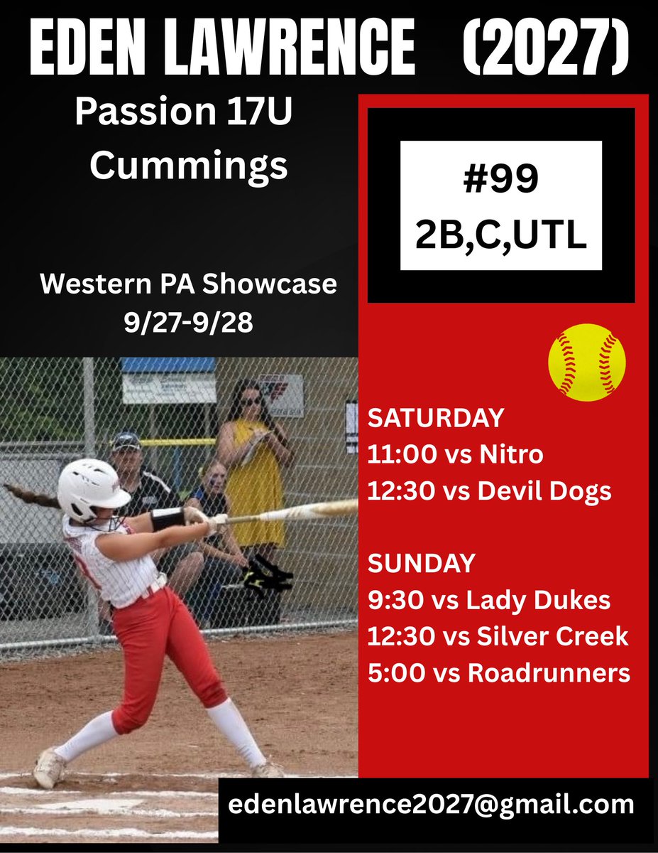Back on the field with my teammates this weekend! Here’s my schedule for the Western PA Showcase at No Offseason in Tarentum.  Hope you can make it!
<a href="/SRU_Softball/">Slippery Rock Softball</a> <a href="/washjeffSB/">W&J Softball</a> <a href="/WLU_Softball/">West Liberty Softball</a> <a href="/GCC_SB/">Grove City Softball</a> <a href="/ClarionSoftball/">Clarion University Softball</a> <a href="/CALU_softball/">Cal U Softball</a> <a href="/SHUgriffinsSB/">Seton Hill Softball</a>