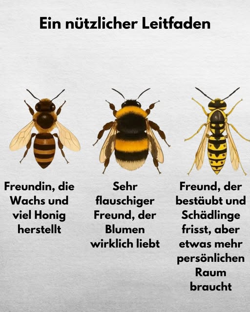 Biene, Hummel oder Wespe? 🐝🐝

Im Sommer begegnen uns diese geflügelten Insekten besonders häufig: Bienen, Hummeln und Wespen. 

Viele Menschen verwechseln sie jedoch oder reagieren mit Angst, obwohl sie alle wichtige Aufgaben in der Natur erfüllen. Hier erfährst du, wie man sie