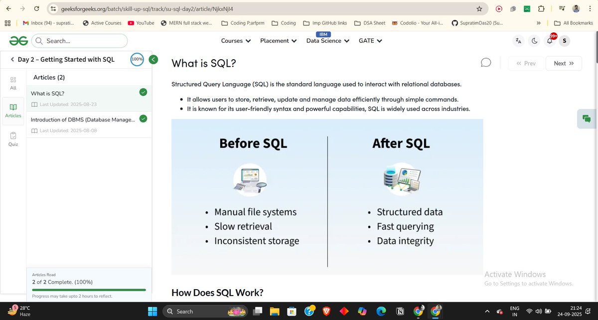 supratimdaswork's tweet image. Day 2 of my #100DaysOfSQL challenge with @geeksforgeeks!
What is SQL?
Introduction of DBMS (Database Management System).
Course link: tinyurl.com/2pt94xh7
#100DaysChallenge #SQL #LearningJourney #skillupwithgfg #nationskillup