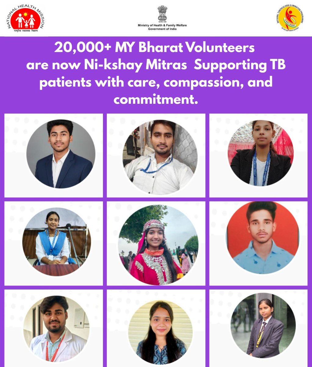 Connect with youth for  #TBMuktBharatAbhiyaan.
More than 20,000 MY Bharat &amp; NSS Volunteers have already joined hands as Ni-kshay Mitras to extend psychosocial support to TB patients &amp; their families.
Together, we will make #TBMuktBharat.
<a href="/MYBharatHQ/">Mera Yuva Bharat - MY BharatHQ</a>