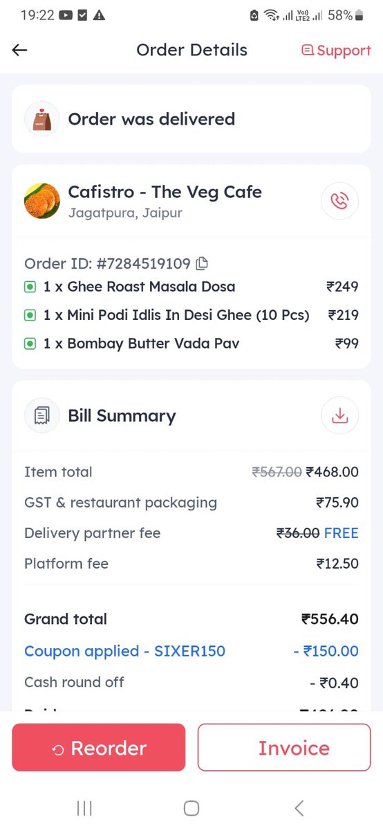 deepshikhajays1's tweet photo. @zomatocare @zomato I ordered food from this cafe &amp; I haven’t received masala dosa &amp; in return I got a coupon of 174 rs  &amp; I paid  250 rs which I haven’t received yet. https://t.co/SeFY9tKr4i