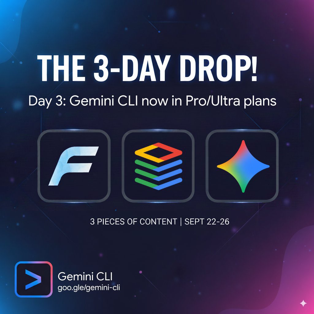 JackWoth98's tweet image. Day 3: Gemini CLI now in Google AI Pro and Ultra plans! ✦🚀

Get peace of mind with higher quota and limits for a set price! 

This has been highly requested by the community, we heard you loud and clear :)

blog.google/technology/dev…

#GeminiCLI #OSS #3daydrop