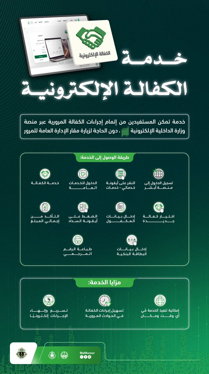 eMoroor's tweet image. خطوات تنفيذ خدمة الكفالة الإلكترونية عبر منصة #أبشر.
#المرور_السعودي