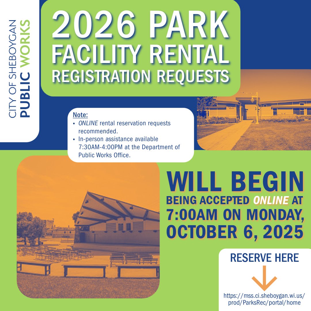 📅 Mark Your Calendars!  The Department of Public Works (DPW) will begin accepting 2026 park facility rental registration requests ONLINE at 7:00 AM on Monday, October 6, 2025. 

🔗 For additional details, please visit sheboygandpw.com/news-updates/p…