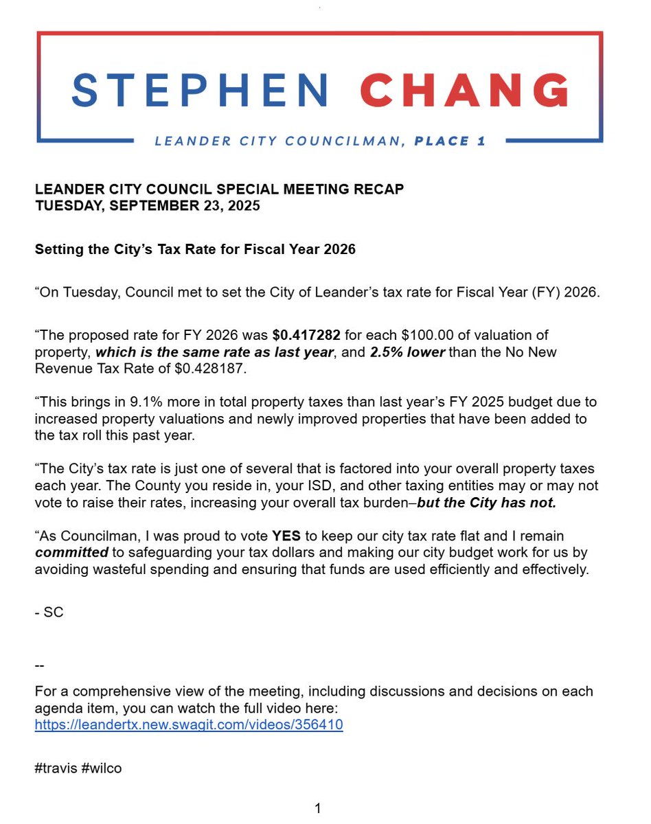 Stephen Chang (@schang_mh) on Twitter photo "I am proud to have held the line for Leander taxpayers and families by voting YES to keep the <a href="/CityofLeander/">City of Leander</a>'s tax rate for Fiscal Year 2026 flat."
- SC
#LeanderTX #travis #wilco "I am proud to have held the line for Leander taxpayers and families by voting YES to keep the <a href="/CityofLeander/">City of Leander</a>'s tax rate for Fiscal Year 2026 flat."
- SC
#LeanderTX #travis #wilco