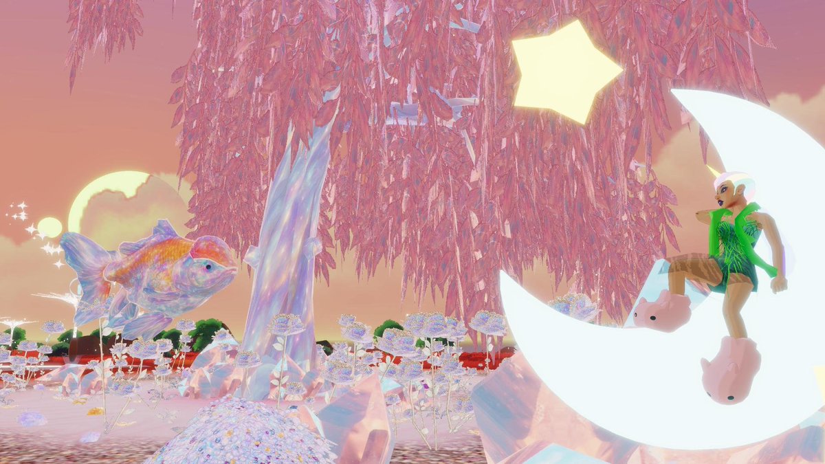 Meryshark's tweet image. Walking through #artweek  feels like dreaming inside @decentraland 
Scenes so beautiful they take you beyond reality 🌱💚
#touchgrass #metaverse #dclartweek