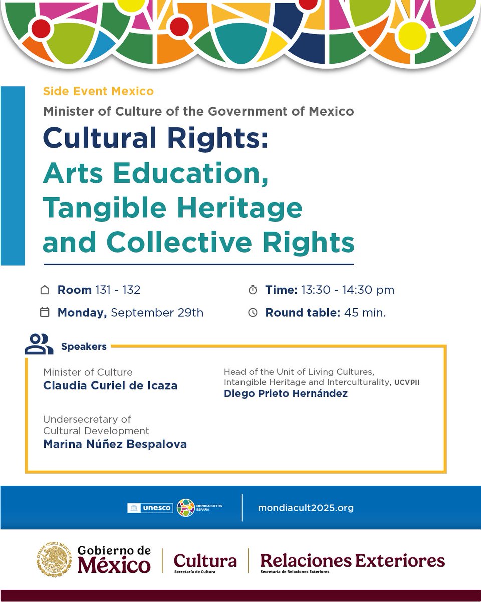CCCMLA's tweet image. 🇲🇽 La Secretaría de Cultura de México impulsa dos eventos paralelos en #MONDIACULT2025 🌍
México coloca a la cultura en el centro del diálogo por la paz, los derechos y el desarrollo sostenible.
#CulturaMxInternacional @cultura_mx