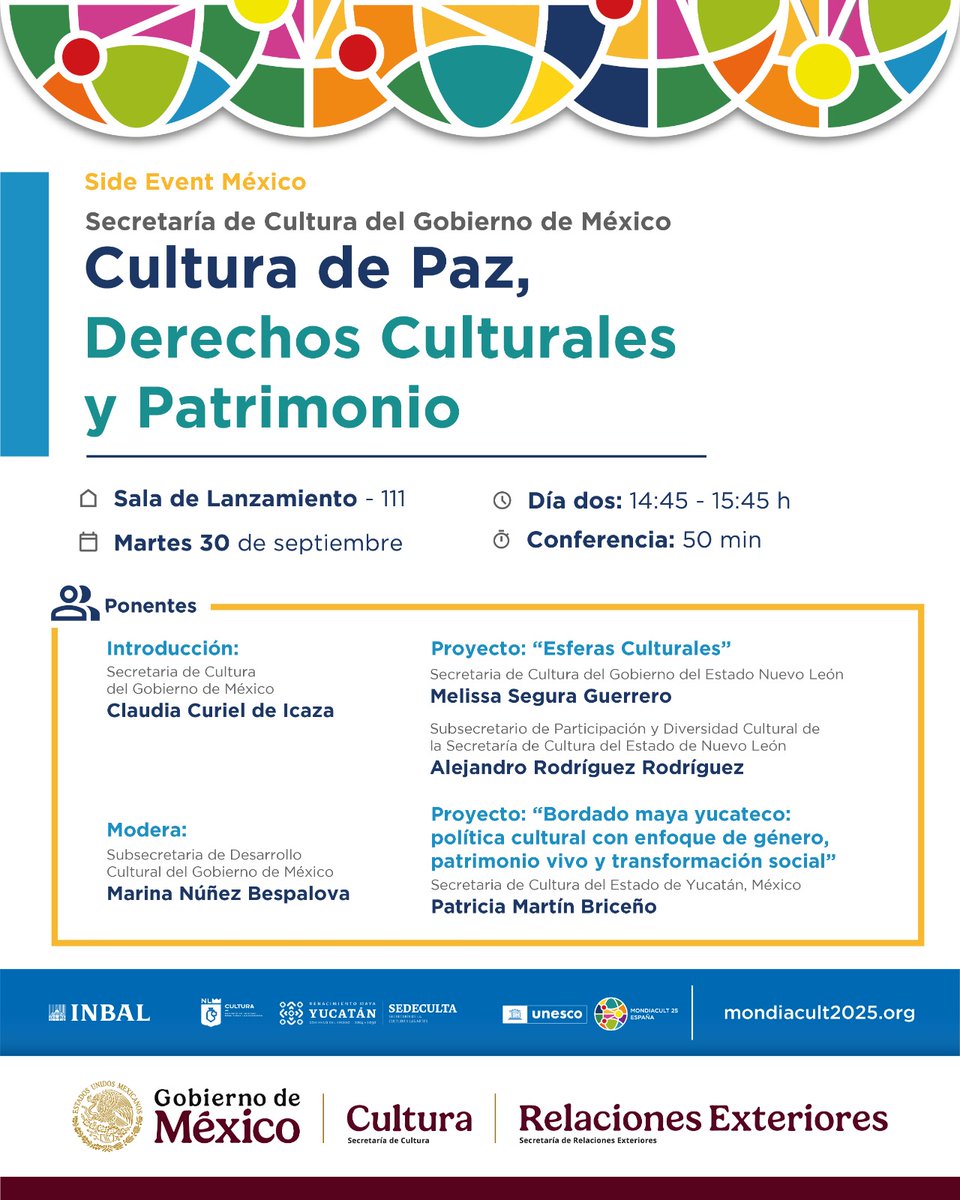 CCCMLA's tweet image. 🇲🇽 La Secretaría de Cultura de México impulsa dos eventos paralelos en #MONDIACULT2025 🌍
México coloca a la cultura en el centro del diálogo por la paz, los derechos y el desarrollo sostenible.
#CulturaMxInternacional @cultura_mx