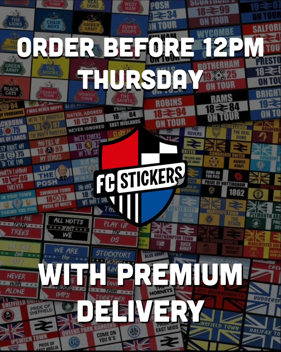 FCstickersUK's tweet photo. β³ Missed the deadline to get your stickers?
You can still order with our premium delivery!
Place your order by 12pm Thursday to make sure they arrive for the weekend
#PAFC #CrawleyFC #RUFC #BHAFC #MUFC #AFCW #Notts #NCFC #SUFC #ITFC https://t.co/w3kLz0HJmY
