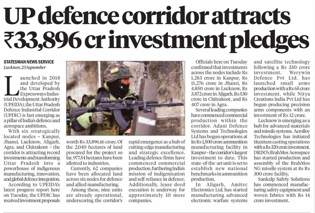 AwasthiAwanishK's tweet image. From Kanpur to Jhansi, Lucknow to Agra — UP’s Defence Corridor isn’t just about factories, it’s about India’s strength taking shape. 
₹33,896 Cr investment = more factories, more jobs, more innovation and a stronger  AtmanirbharDefence.