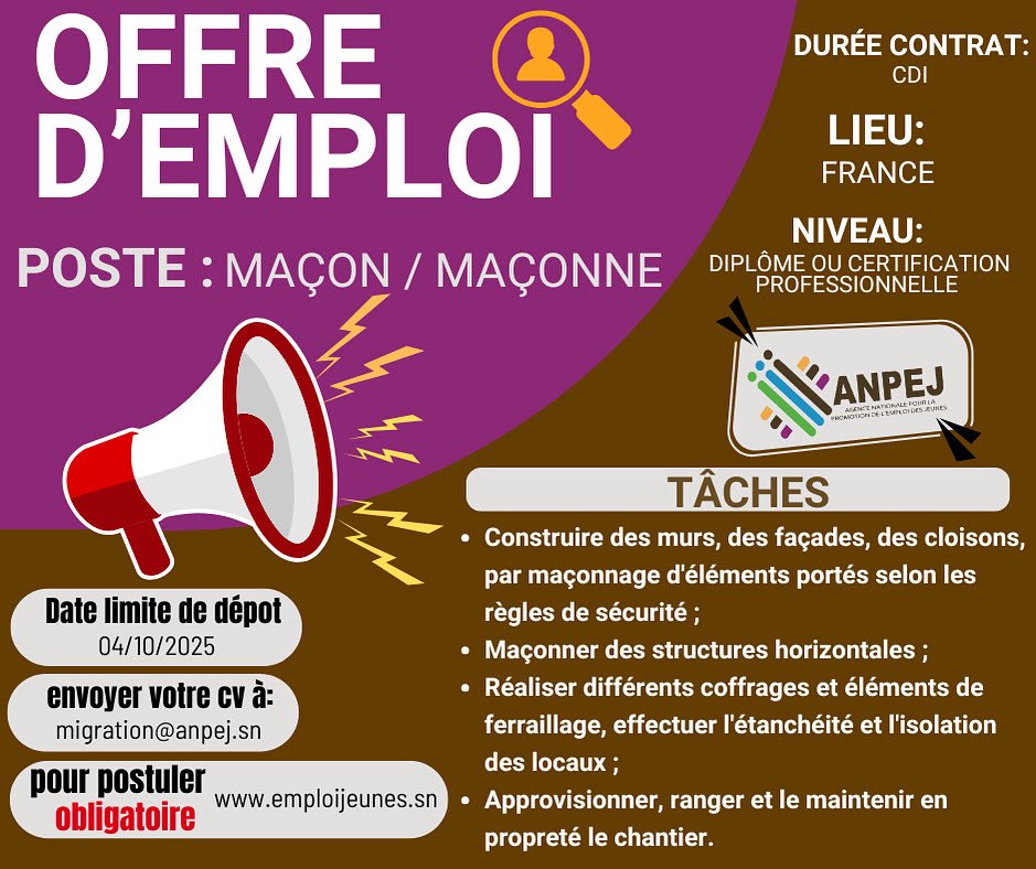 📢 OFFRE URGENTE : MAÇON (H/F) POUR LA FRANCE ! 🇫🇷

L'ANPEJ recrute un Maçon ou une Maçonne en CDI.

⏰ Date limite : 04/10/2025

Ne tardez pas, c'est l'opportunité idéale !
👉 Postulez ici : anpej.sn/accueil/emploi…

#EmploiJeunes #ANPEJ #Recrutement #Maçon #Opportunité
