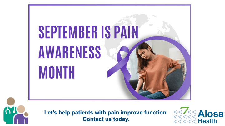 AlosaHealth's tweet photo. September is Pain Awareness Month. Reach out today to learn more about how Alosa can help your pain patients.

#painawarenessmonth #painmanagement #healthcare #evidencebasedmedicine https://t.co/pj6MAvJVYr