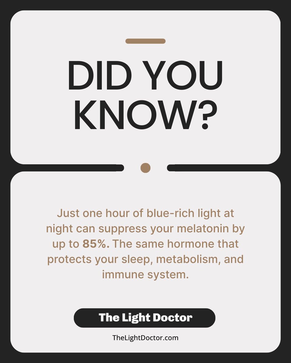 😲 Did you know? 

Just one hour of blue-rich light at night can suppress melatonin by up to 85%. That’s the same hormone that helps regulate your sleep, metabolism, and even your immune system.

Your evening light choices matter more than you think. Protect your rhythm, protect