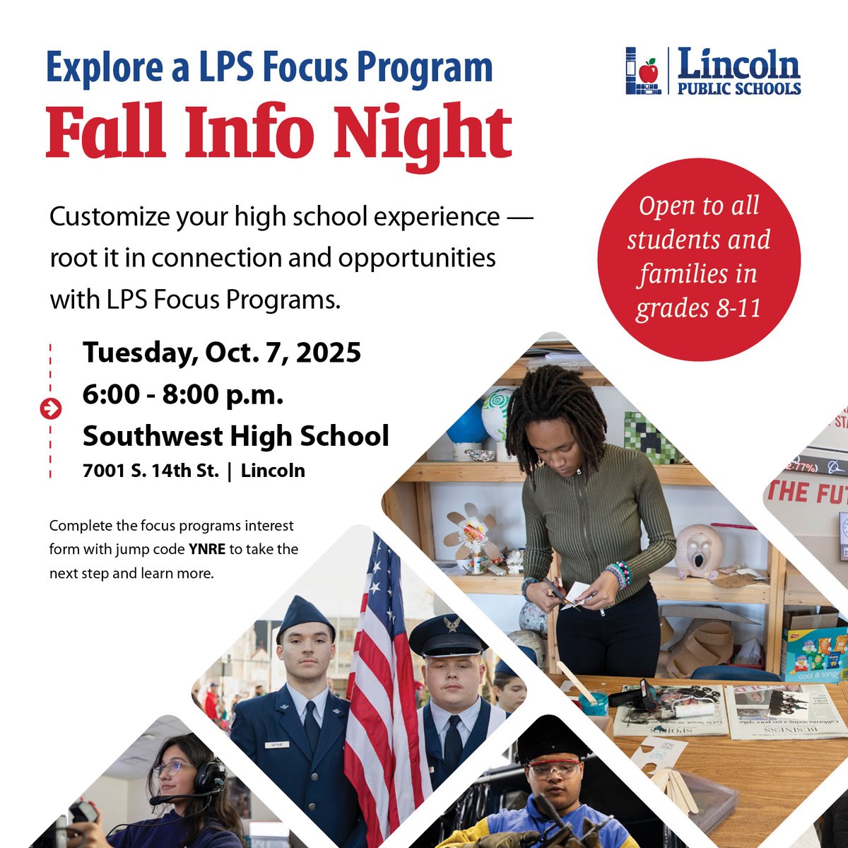 🧭 Choose your journey! 

We invite scholars in grades 8-11 and their families to our fall Focus Programs Info Night on Tuesday, Oct. 7, from 6 - 8 p.m. at Southwest High School. 

Go to bit.ly/LPSFocusProgra… for more details.

#LPSFocusPrograms #CustomizeHighSchool