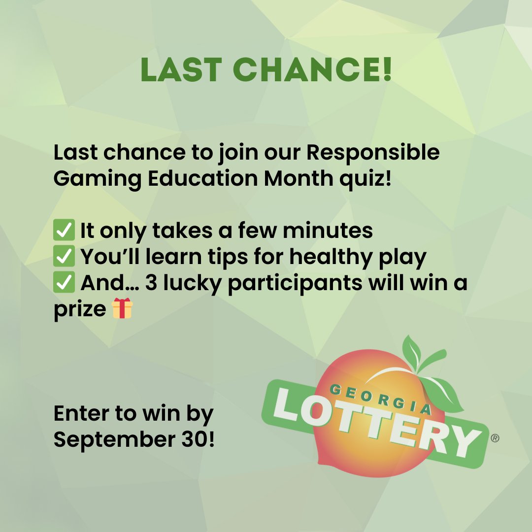 Last chance to join our Responsible Gaming Education Month quiz!
✅ It only takes a few minutes
✅ You’ll learn tips for healthy play
✅ And… 3 lucky participants will win a prize 🎁
Enter to win by September 30!
surveymonkey.com/r/T765YVD