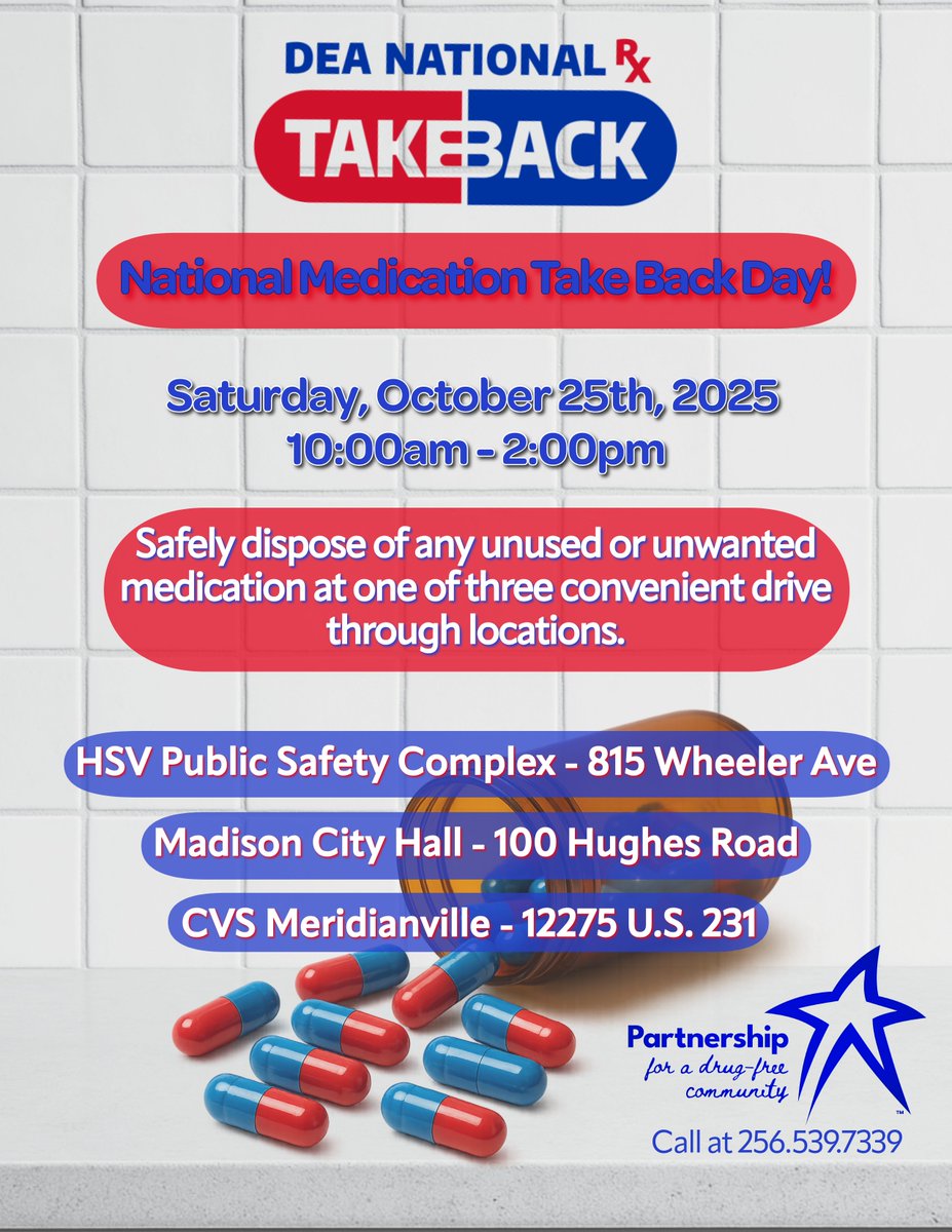 MARK YOUR CALENDARS!🗓️
National Medication Take Back Day is coming up on Saturday, Oct. 25, from 10 a.m. to 2 p.m.💊

This is your chance to safely and anonymously get rid of unused or expired medications - no questions asked.