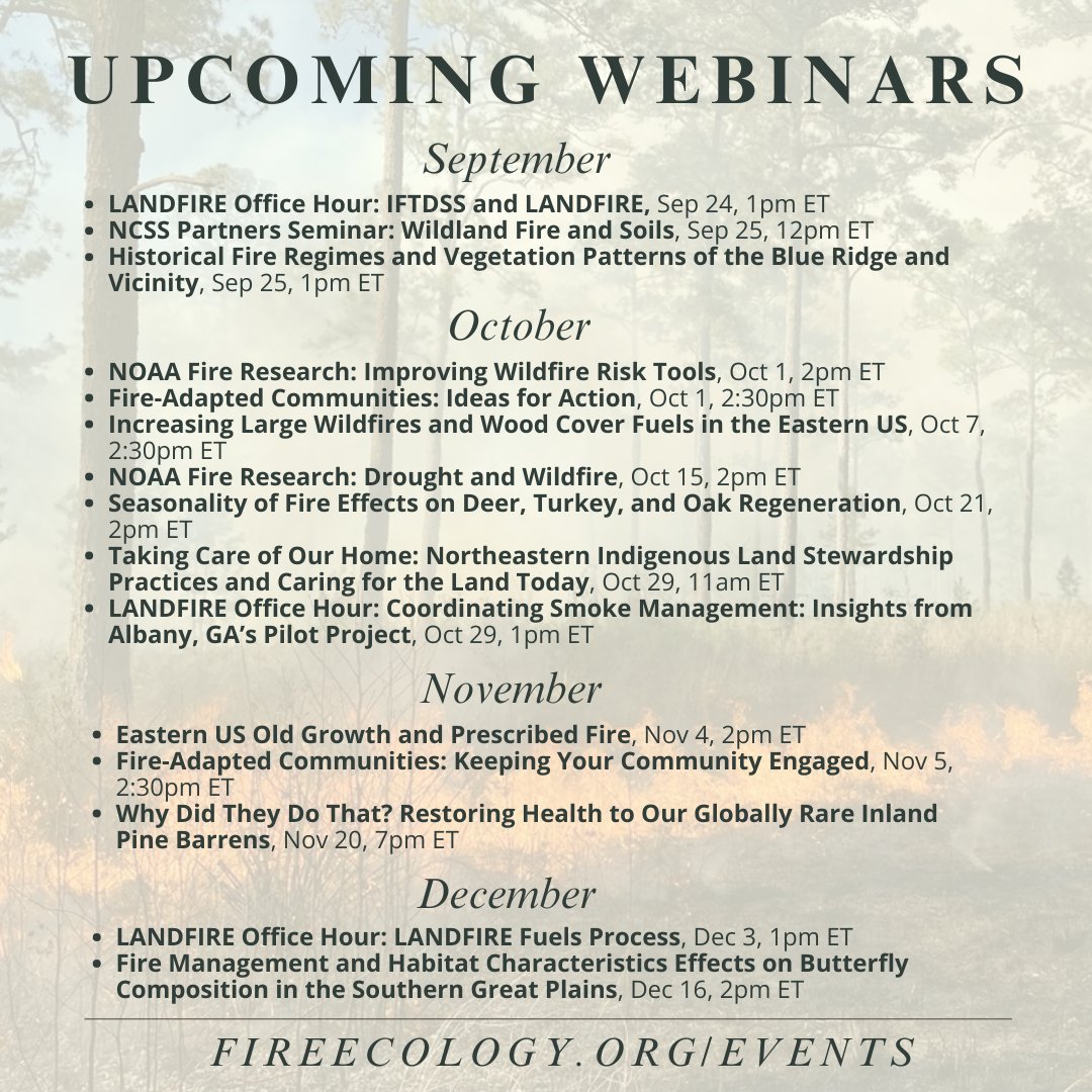 Check out some upcoming webinars that may be of interest to the wildland fire science community! AFE regularly updates our calendar with upcoming webinars, conferences, trainings, and more. See the calendar here: fireecology.org/calendar ❗
