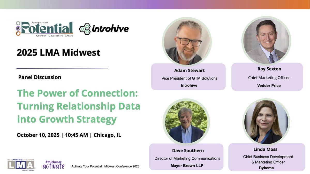 Introhive's tweet image. 🚀Join Introhive at LMA Midwest for the panel: “The Power of Connection” on Oct 10 at 10:45 AM. Hear from experts from @VedderLaw, @Dykema, and @Mayer_Brown! #Introhive #MidwestActivate #LMAMidwest @LMAintl