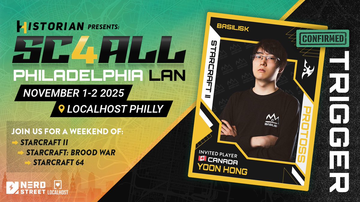 SC2Historian's tweet image. The defending North American Champion aims to cement his legacy at SC4ALL. That's right, @BASILISK_gg's @triggerSC2 is our latest unveiling of player invitees. Come see Yoon leave it all on the map in Philly, Nov 1-2 at Localhost. #SC4ME #SC4YOU #SC4ALL