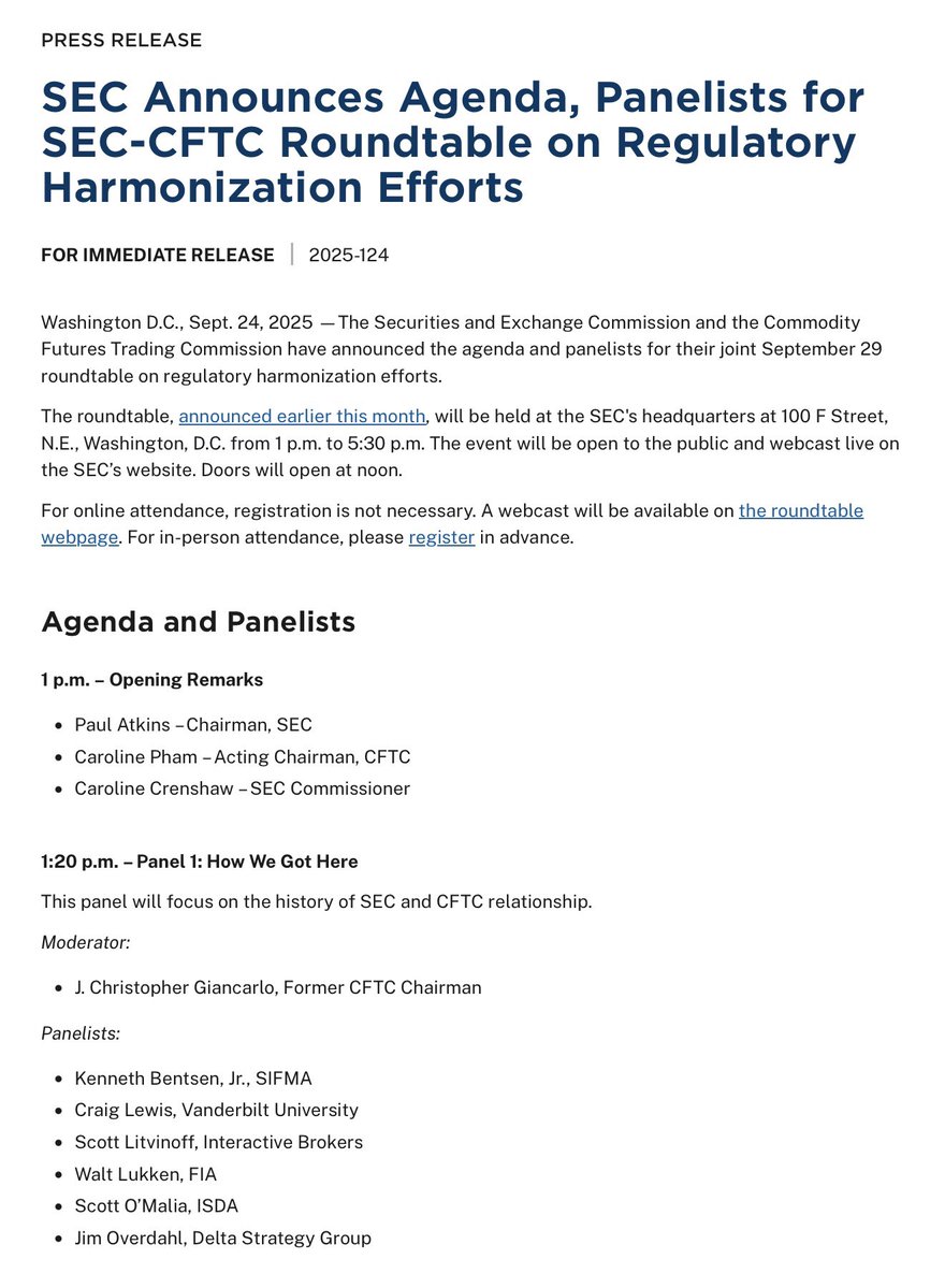 EleanorTerrett's tweet image. 🚨NEW: The @SECGov has announced the agenda and panelists for its joint roundtable with the @CFTC on Monday. 

What jumps out is Panel 2 on platforms: TradFi exchange giants Jeff Sprecher (NYSE/ICE), Terry Duffy (CME) and Adena Friedman (NASDAQ) sharing a table with leaders from…
