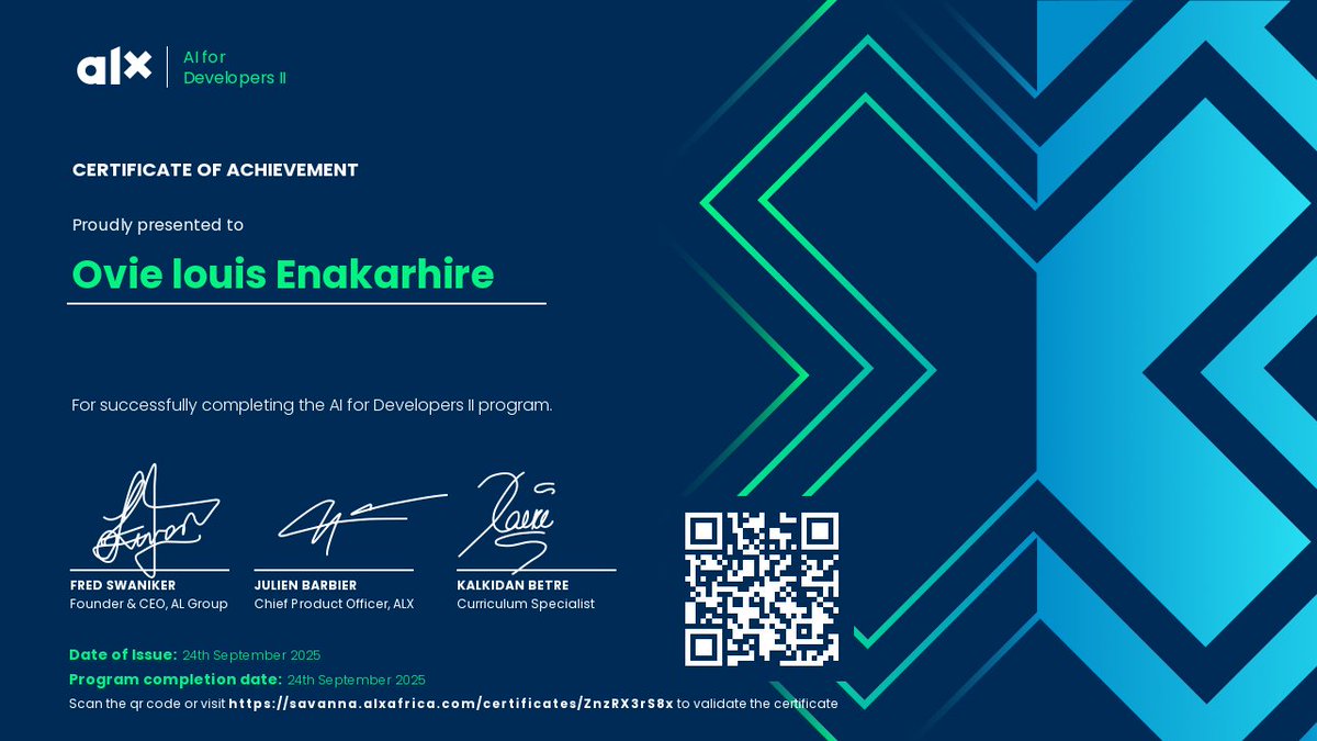 ovie4lead_tech's tweet image. 🎉 Milestone Unlocked!
I’m proud to share that I’ve just earned my 4th certificate through the AI for Developers Program by @ALX_Africa 🙌
Grateful for the opportunity to keep growing 🚀
#ALX #DoHardThings
#ALX_AIDEV 
@alx_africa
@kalibetre
@julienbarbier42
@facesofalxse