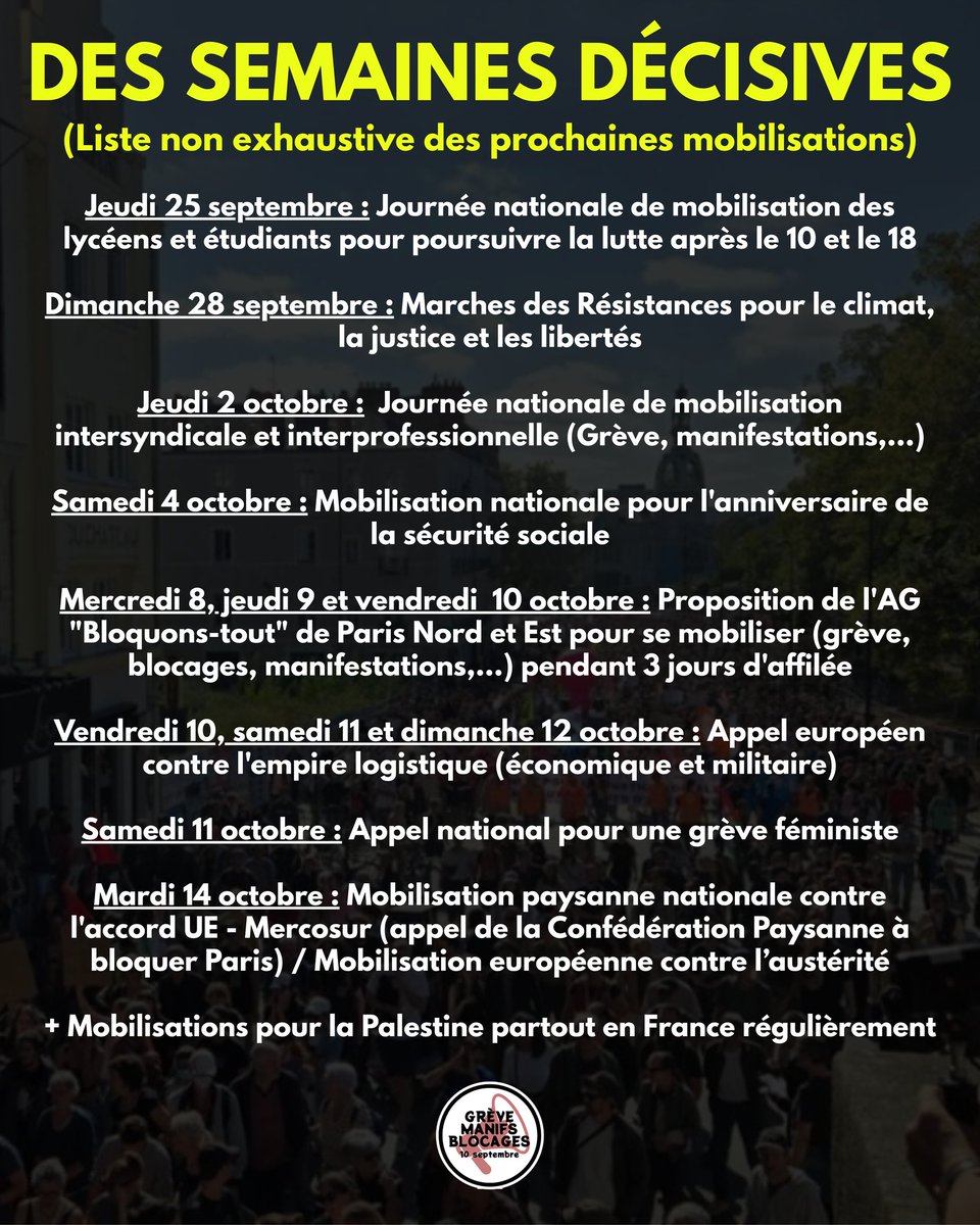 🔴Des semaines décisives (Liste non exhaustive des prochaines mobilisations)

Mobilisation de la jeunesse, mobilisation intersyndicale, mobilisation paysanne,...

Les réseaux de <a href="/mob10sept/">GreveManifsBlocages10septembre</a> (X suspendu) : linktr.ee/grevemanifsblo…

#BloquonsTout #OnBloqueTout #GreveGenerale