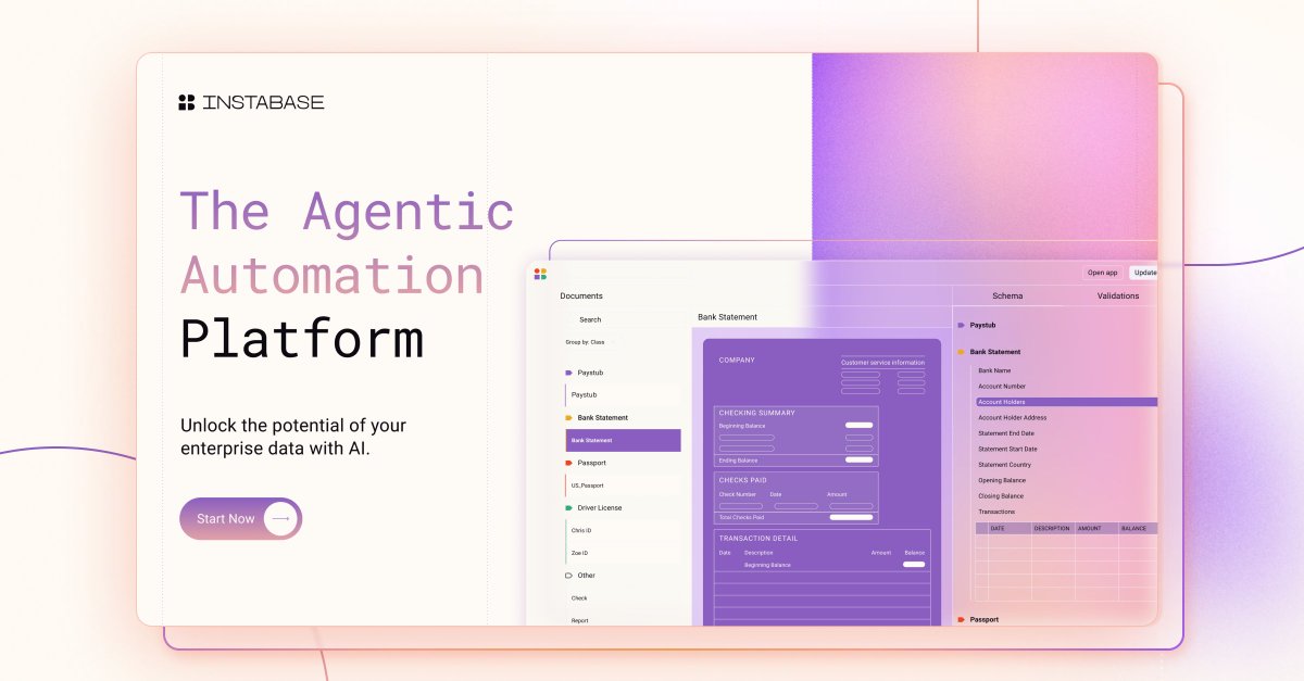 InstabaseInc's tweet image. We’re excited to unveil our new brand &amp;amp; website! The #Instabase Agentic Automation Platform helps enterprises automate complex, document-heavy workflows—turning unstructured docs into reliable, auditable intelligence that drives better decisions. Explore: instabase.com/?utm_campaign=…