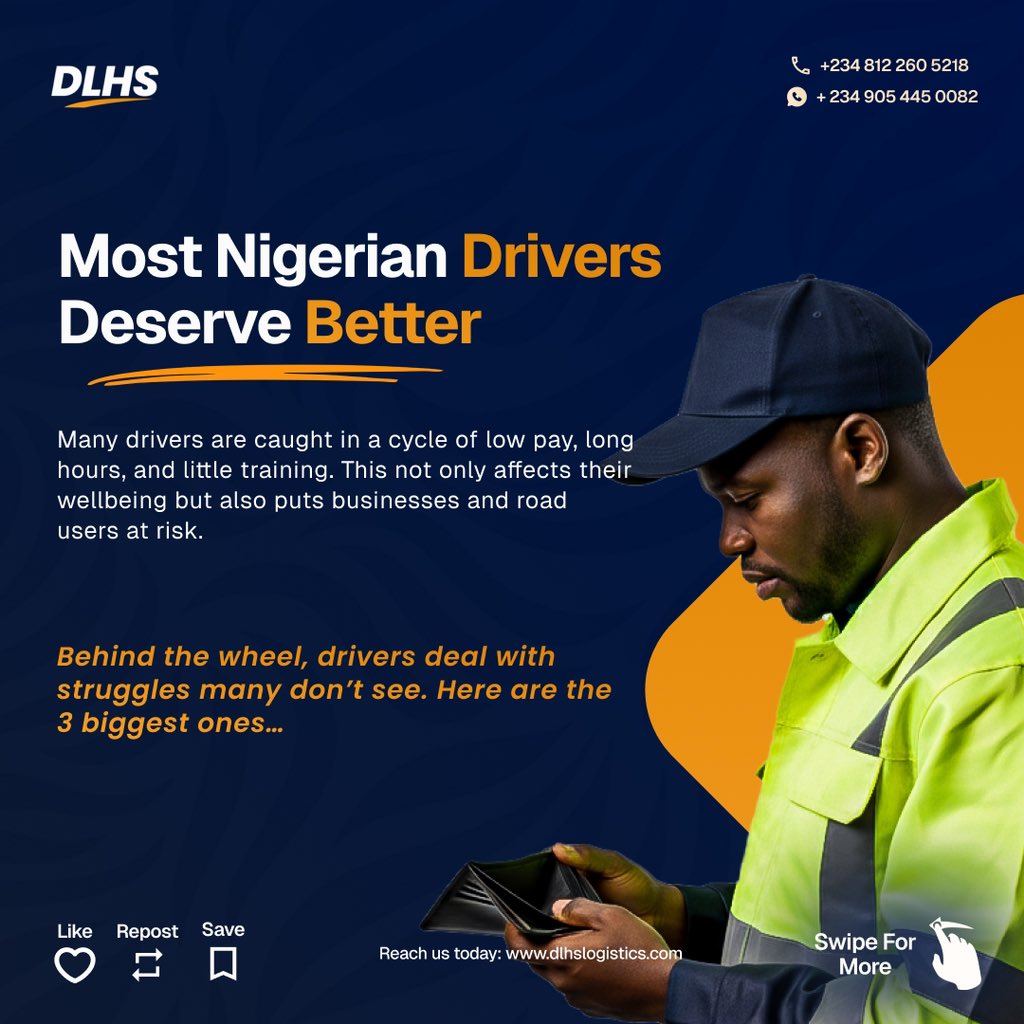 dlhs_official's tweet image. 🚨 Driver matter no be beans o.

DLHS don say enough is enough.
We dey build ProDrivers wey sabi road, sabi safety &amp;amp; sabi money. 💼💧

Wanna dey earn legit?
 Want to become a truck driver?
Check 👉 dlhslogistics.com

#DLHS #ProDriver #NaijaYouth