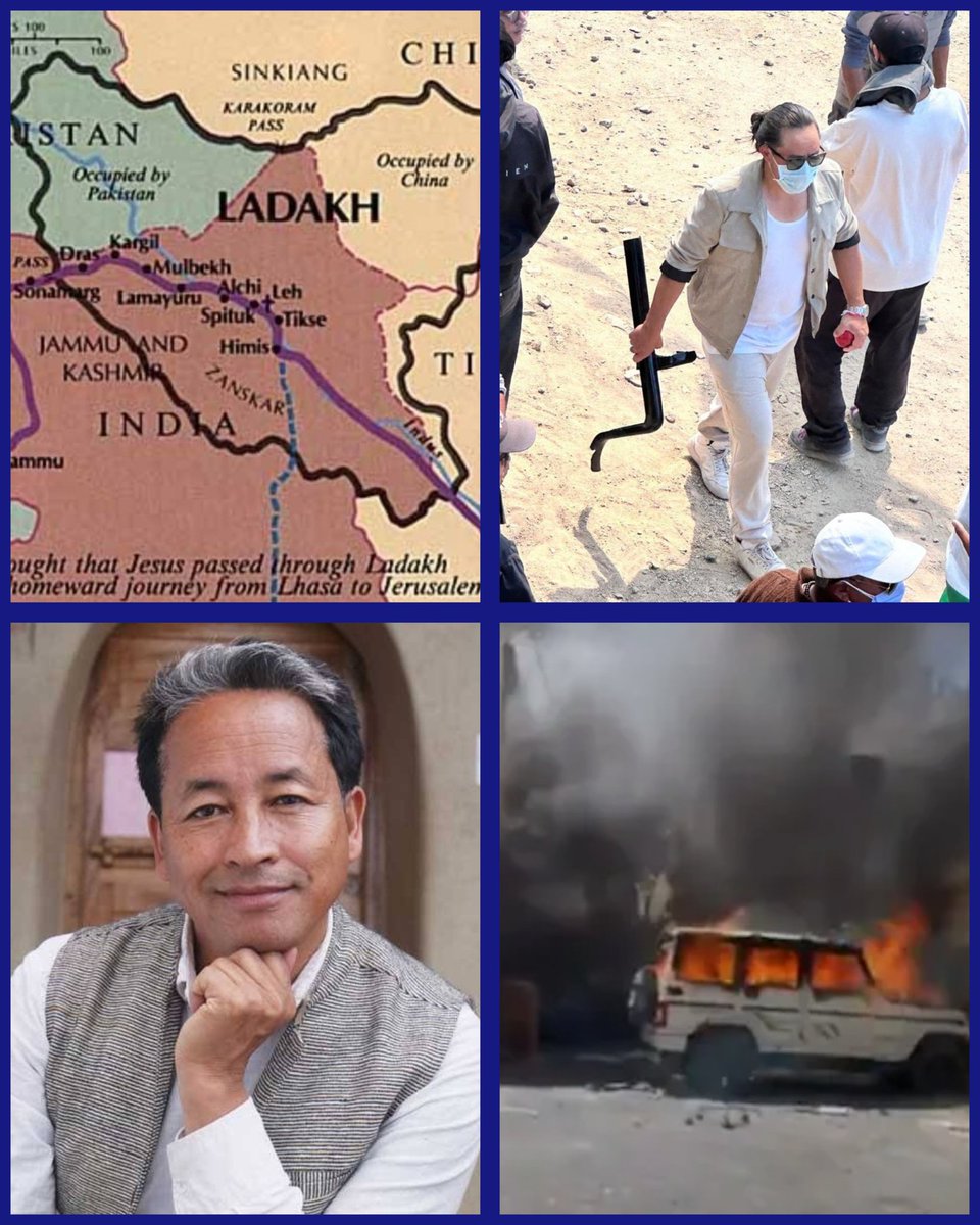 PoornimaNimo's tweet photo. Ladakh activist Sonam Wangchuk goes to Pakistan to attend the ‘Breathe Pakistan’ conference in February 2025.

On September 10, Sonam Wangchuk starts a protest for separate Statehood of Ladakh.

Protests turn violent and are led by none other than Phuntsog Stanzin Tsepag, Congress Councillor from Leh.

The BJP office was burnt and a CRPF van was torched. Pay attention that the CRPF and BJP were attacked.

Congress handles tout it as the Gen Z agitation.

Ladakh is the region which is strategically very sensitive with adjoining borders to Pakistan via Kargil and China.
Connect the dots.