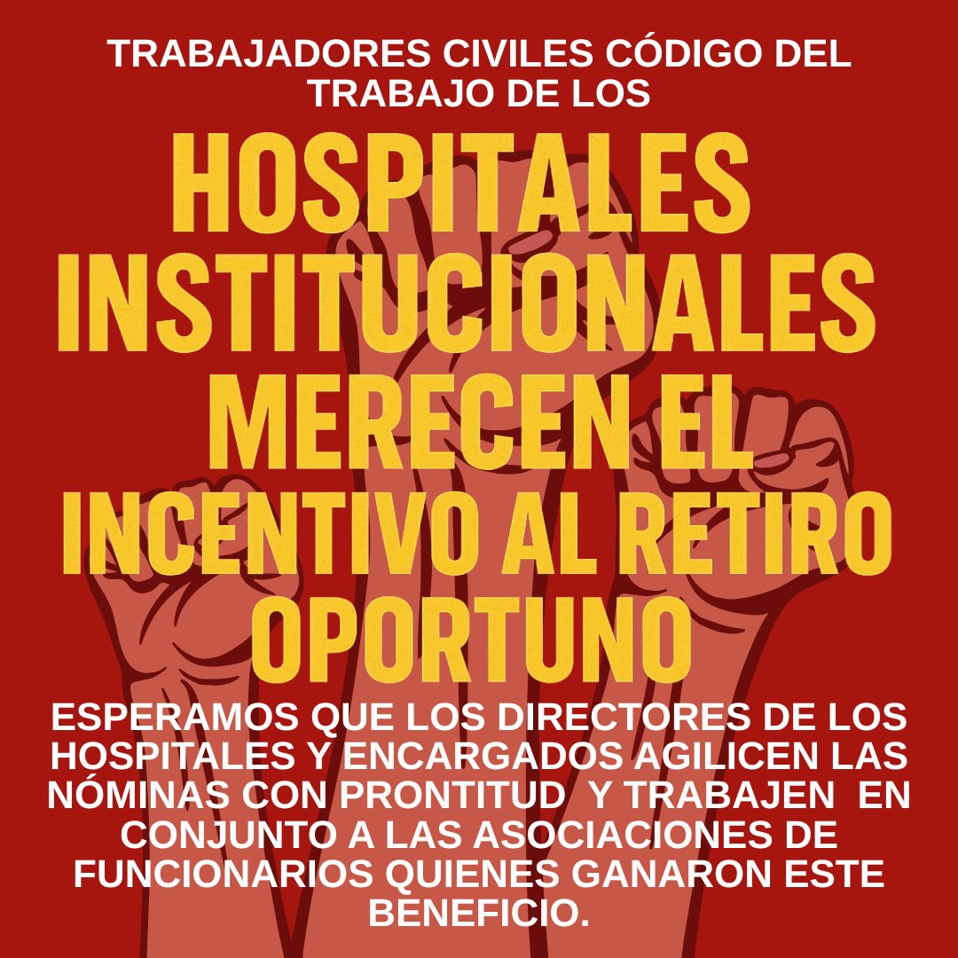COMUNICADO TRABAJADORAS Y TRABAJADORES CIVILES CÓDIGO DEL TRABAJO DE LOS HOSPITALES INSTITUCIONALES

Las y los trabajadores de los hospitales institucionales merecemos que el Incentivo al Retiro se materialice en forma oportuna y sin más retrasos.

Exigimos que los directores de
