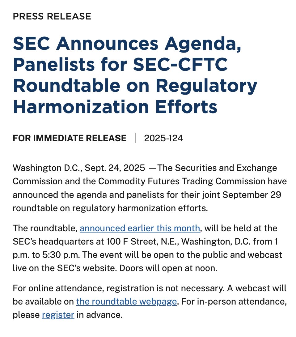 NEW: 🇺🇸🗣️ SEC releases agenda for Sept. 29 SEC-CFTC roundtable,  featuring Polymarket, Kalshi, Kraken and major players to tackle regulatory  harmonization and market structure.