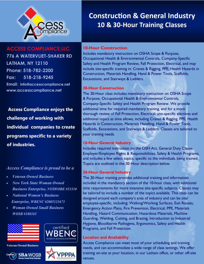 If you missed this month's 10-Hour General Industry course, our next open-enrollment class is scheduled for November 5th &amp; 6th. We also have 10-Hour Construction training scheduled for October 20th &amp; 21st! 

accesscompliance.net/trainingschedu… or email us at info@accesscompliance.net