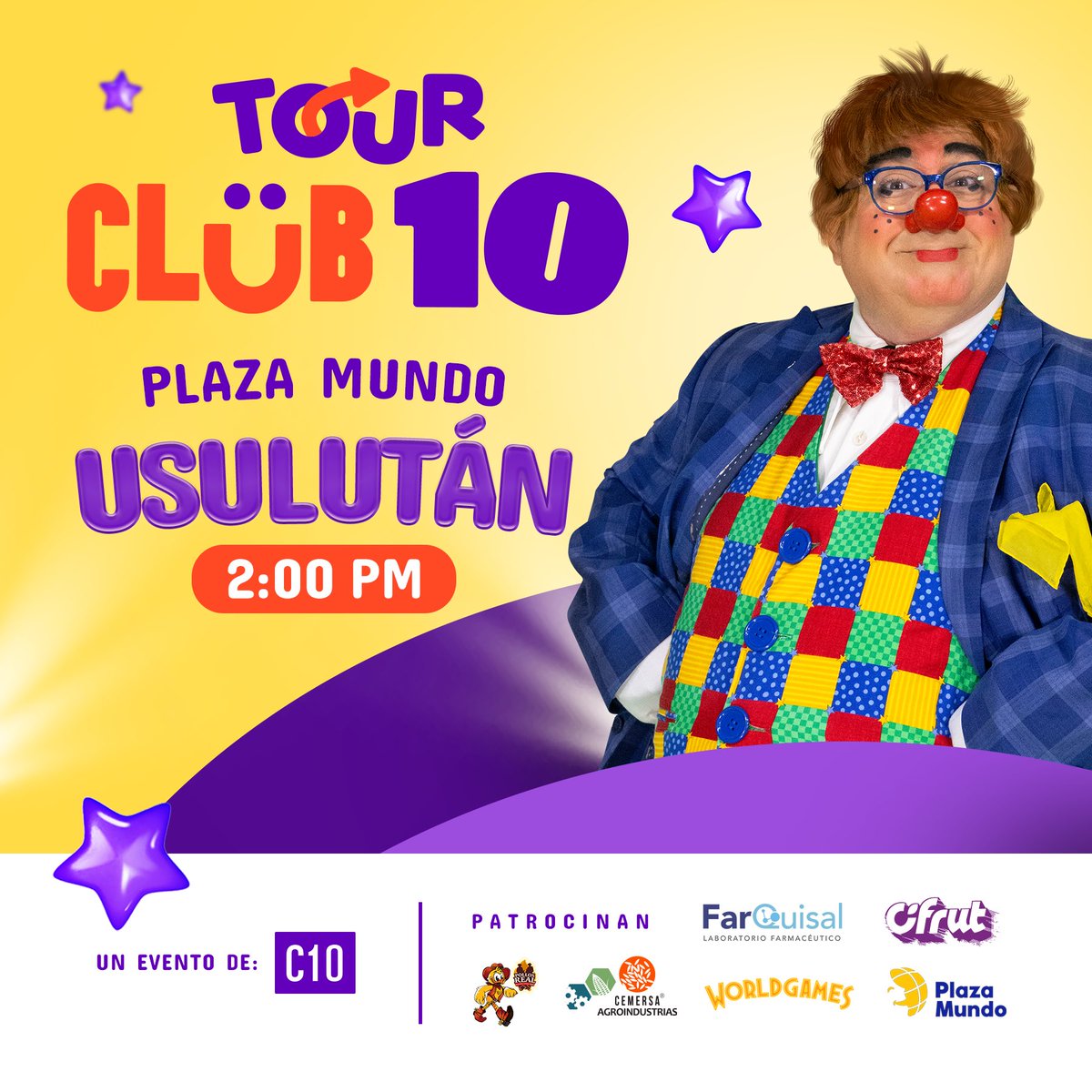 ¡Tour Club 10 llega a <a href="/PlazaMundo_/">@plazamundo_</a> Usulután!🥳

Nos vemos este sábado 27 de septiembre, a partir de las 2:00 p.m., para divertirnos con el mejor show infantil de la televisión, junto a <a href="/pildorines/">Pildorin el Payaso</a>.🙌🏻

Será un día lleno de risas, música y premios.🤩