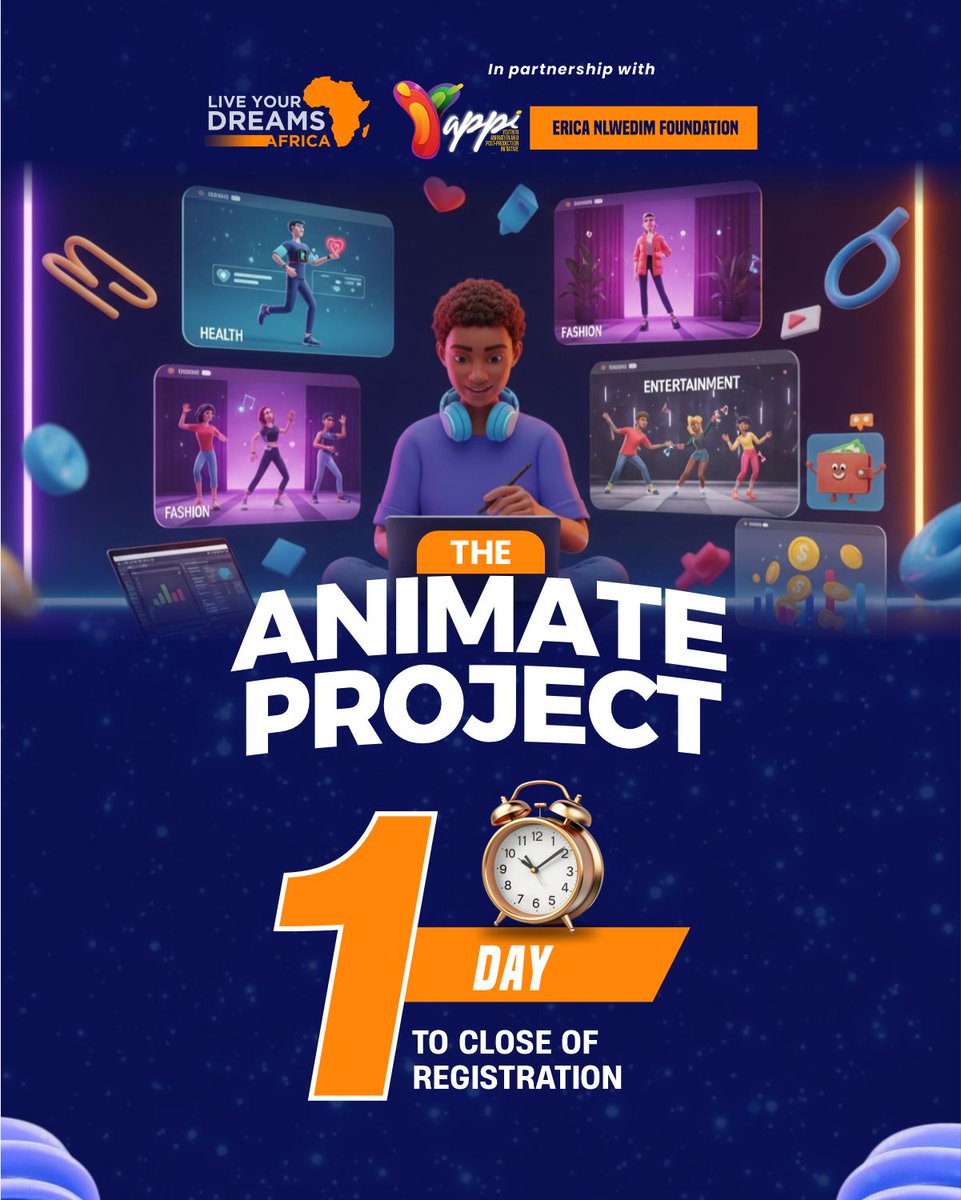LYDAfrica's tweet image. Today&apos;s the last day of registration… and the countdown ends tonight 
.
Registration for The Animate Project Now.
.
.
Click the link in bio and lock in your spot NOW.
.
#AnimateProject #LYDAfrica #Animation #VideoEditing #DigitalSkills