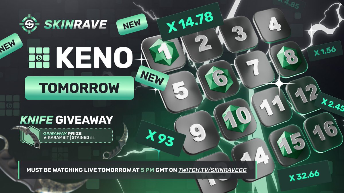 KENO DROPS TOMORROW 🎉

One of the OG classics is finally hitting SkinRave – fast paced action, huge multipliers, and easy to play.

🎁Karambit Stained GW
1⃣ RT + Follow
2⃣ Reply w/ your Twitch name
3⃣ Be lvl 10+ on SkinRave
4⃣ Must Watch LIVE: twitch.tv/skinravegg | 5PM GMT