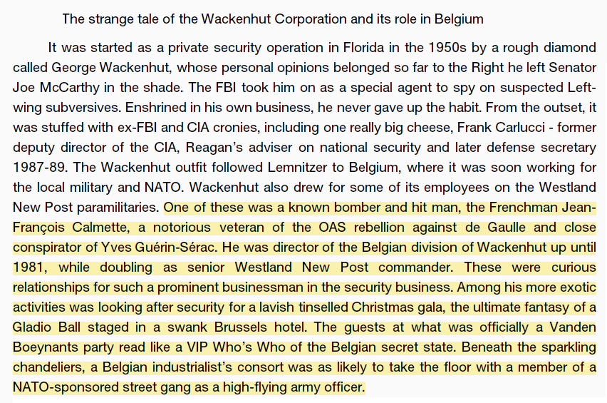 toxictiramisu's tweet photo. The US-based Wackenhut Corporation functioned as a Gladio mercenary force, conducting state-sponsored terror including bombing the Brussels synagogue it was assigned to protect. With direct Fort Bragg special forces support, they dismantled &amp; eliminated NATO opposition in Belgium https://t.co/4K9Q86D5LN