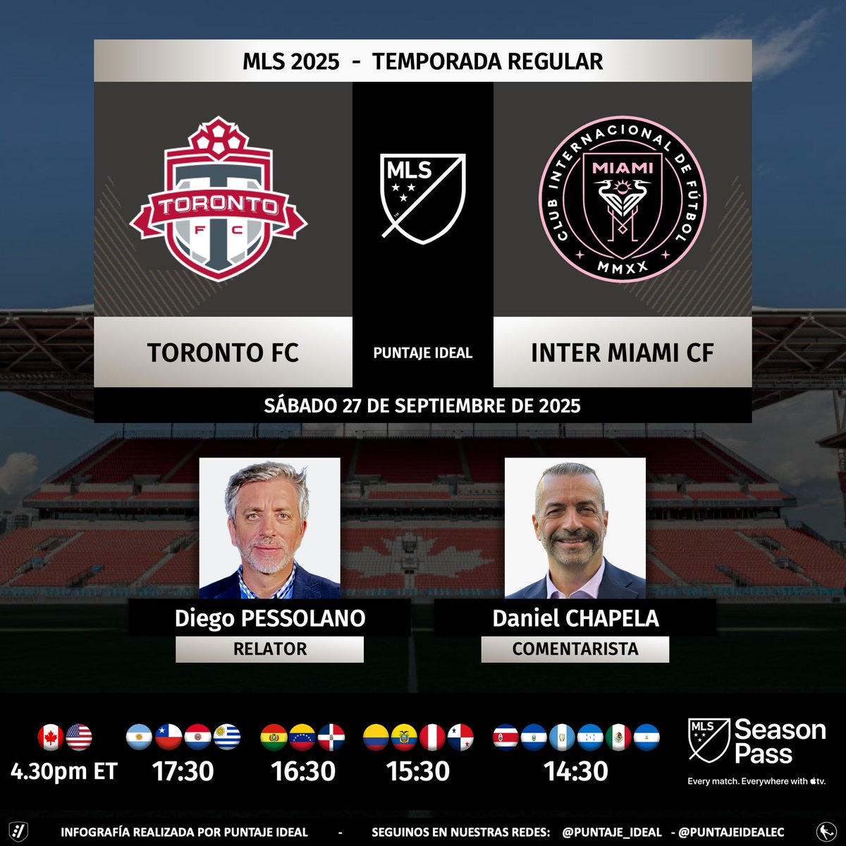 ⚽️ #MLS | 🇨🇦 #TorontoFC vs. #InterMiamiCF 🇺🇸
🎙 Relator: <a href="/DiegoPessolano/">Diego Pessolano</a>
🎙 Comentarista: <a href="/dchapela/">Daniel Chapela 🇻🇪</a>
💻📱 #MLSSeasonPass en <a href="/AppleTV/">Apple TV</a>
🤳 #TORvMIA
Dale RT 🔃