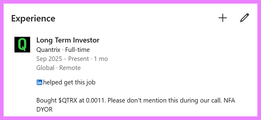 Listen...

I'm happy to share that I'm starting a new position as a Long Term Investor at <a href="/quantrix_agent/">Quantrix</a>
