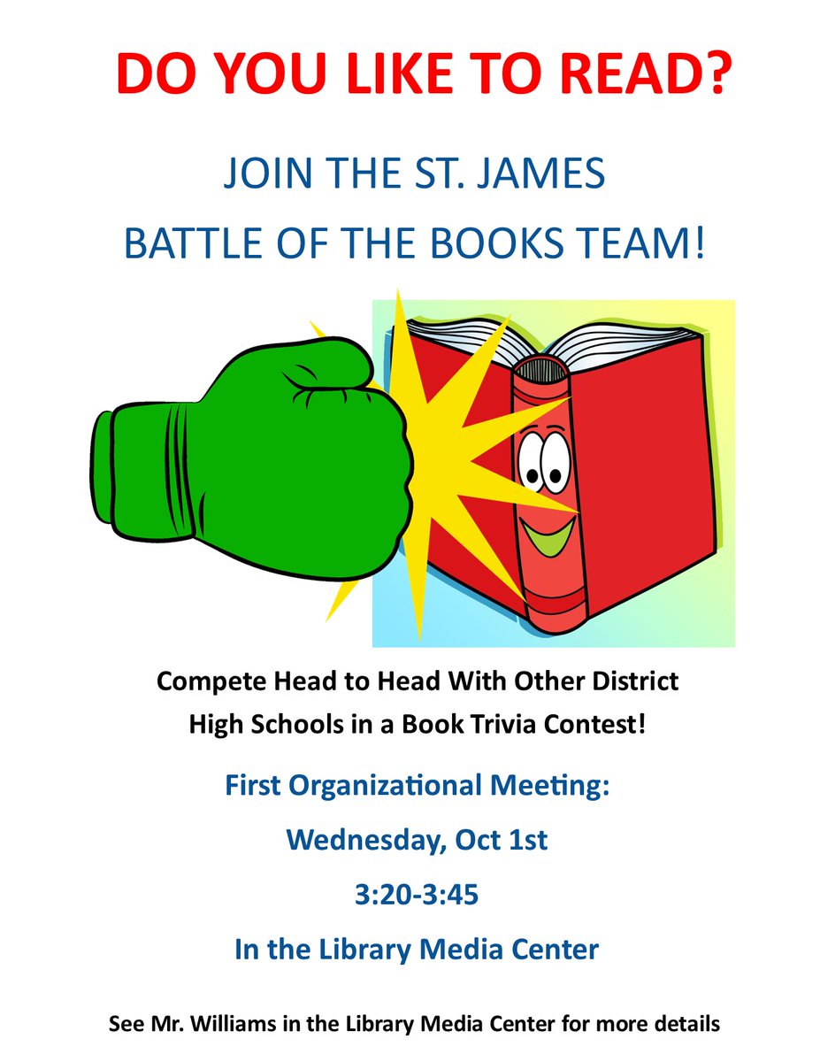 SJHSLibraryLC's tweet image. Hey St. James! Let&apos;s get ready to RUMBLE!
#RiseWithReading
#SJHSSharks
#HCSLibraryMedia
