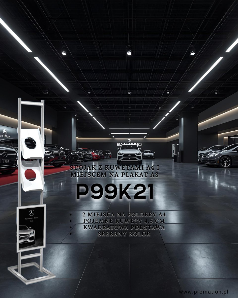 Promation_pl's tweet image. Stojak P99k21 – 2 mleczne kuwety A4 z dekoracyjnym otworem + ramka OWZ A3 na plakat.
Elegancki design do salonów aut i punktów premium.
👉 promation.pl/stojaki-na-fol…