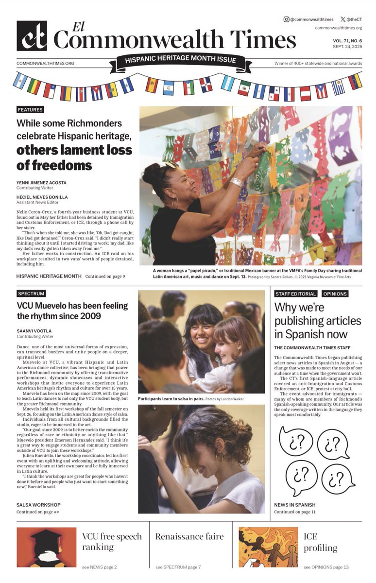 THIS WEEK: While some Richmonders
celebrate Hispanic heritage 
others lament loss of freedoms, VCU Muevelo has been feeling
the rhythm since 2009, “Why we’re
publishing articles
in Spanish now.” 

Read the full issue: commonwealthtimes.org