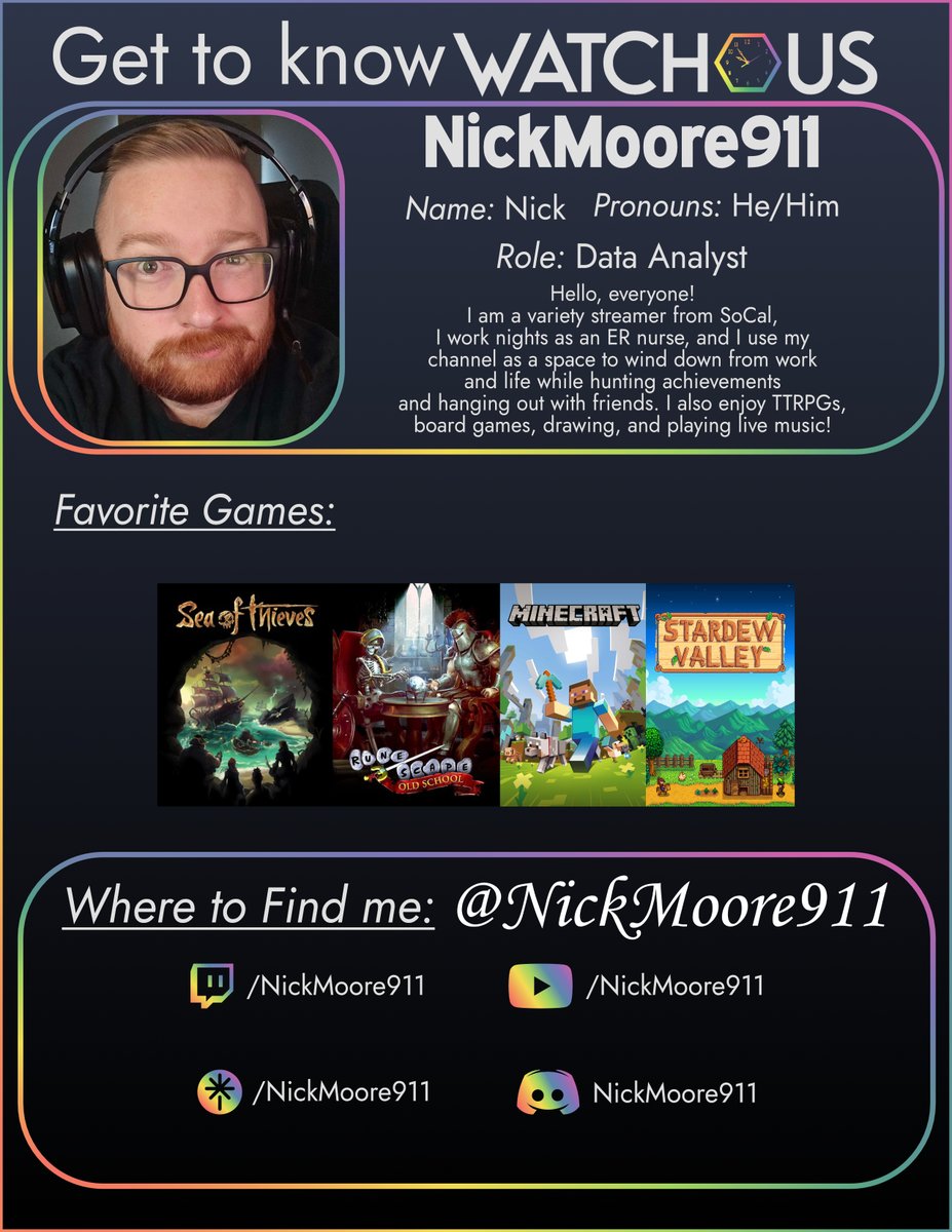 Get to Know <a href="/NickMoore911/">NickMoore911 on Twitch!</a> 
Nick (he/him) is our Data Analyst. They are an ER nurse by night &amp; a variety streamer by day. His channel is a cozy space to wind down, chase achievements, &amp; hang out with friends.
Check them out at:
🔗 twitch.tv/NickMoore911