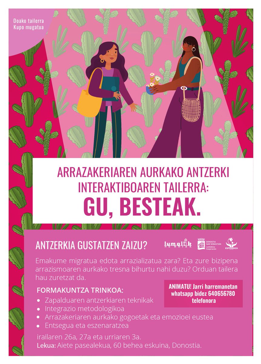 🎭✊ TAILERRA: Arrazakeriaren aurkako antzerki interaktiboa: GU, BESTEAK
📅 Irailak  26–27 eta urriak  3 
📍 Aiete P.º 60 (behea eskuina), Donostia

Antzerkia gustatzen zaizu? Animatu!

ℹ️donostiaentremundos.org/eu/evento/1091…

#donostiaentremundos
#Antzerkia #ArrazakeriarenAurka #Donostia