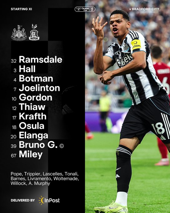 Newcastle United v Bradford City: Ramsdale, Hall, Botman, Joelinton, Gordon, Thiaw, Krafth, Osula, Elanga, Bruno G., Miley