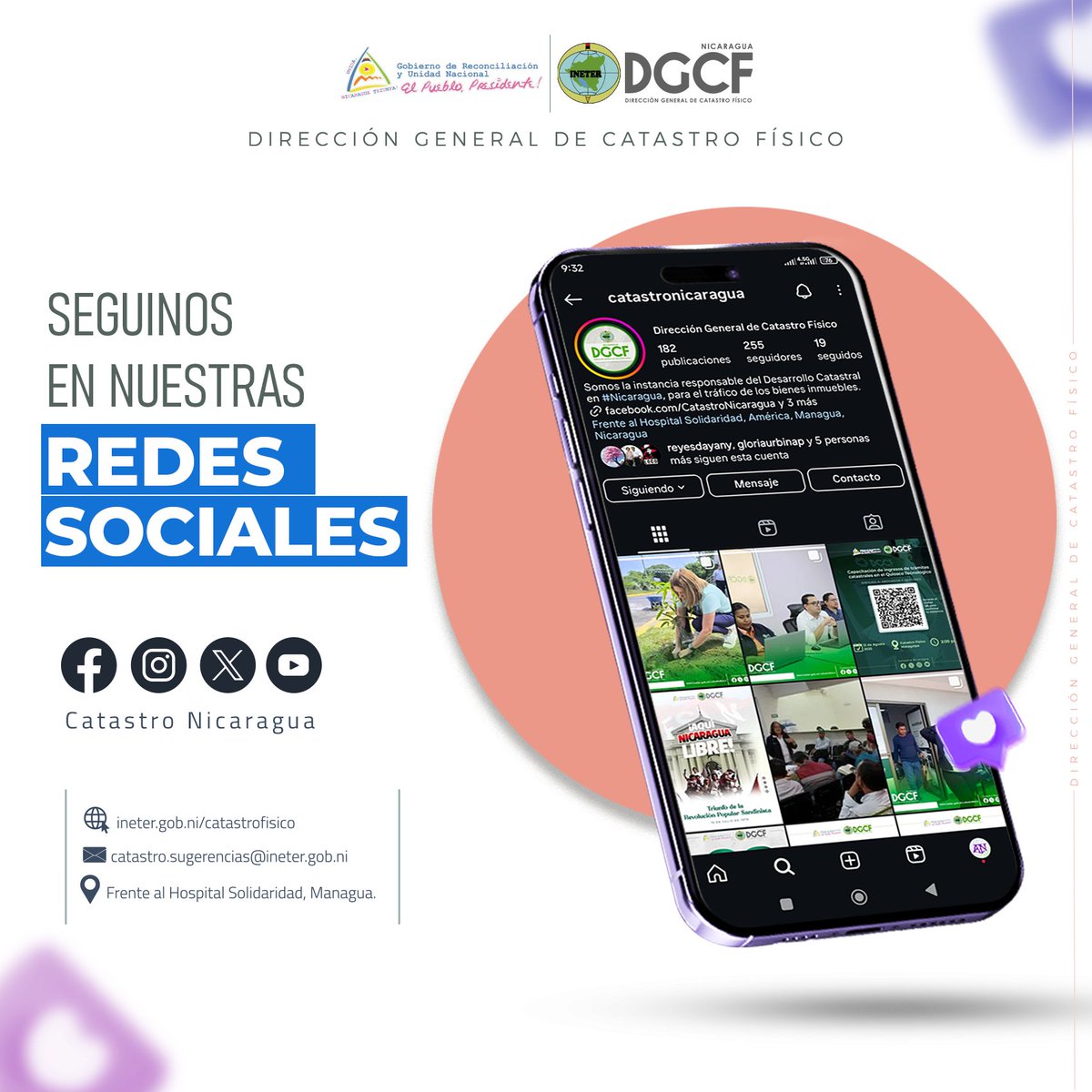 📢✨ ¡Conocé más de cerca el trabajo de la DGCF!

Te invitamos a seguirnos en todas nuestras redes sociales, donde compartimos:
✅ Información sobre nuestros servicios.
✅ Capacitaciones y actividades institucionales.
✅ Avances y logros en materia catastral.

#Nicaragua