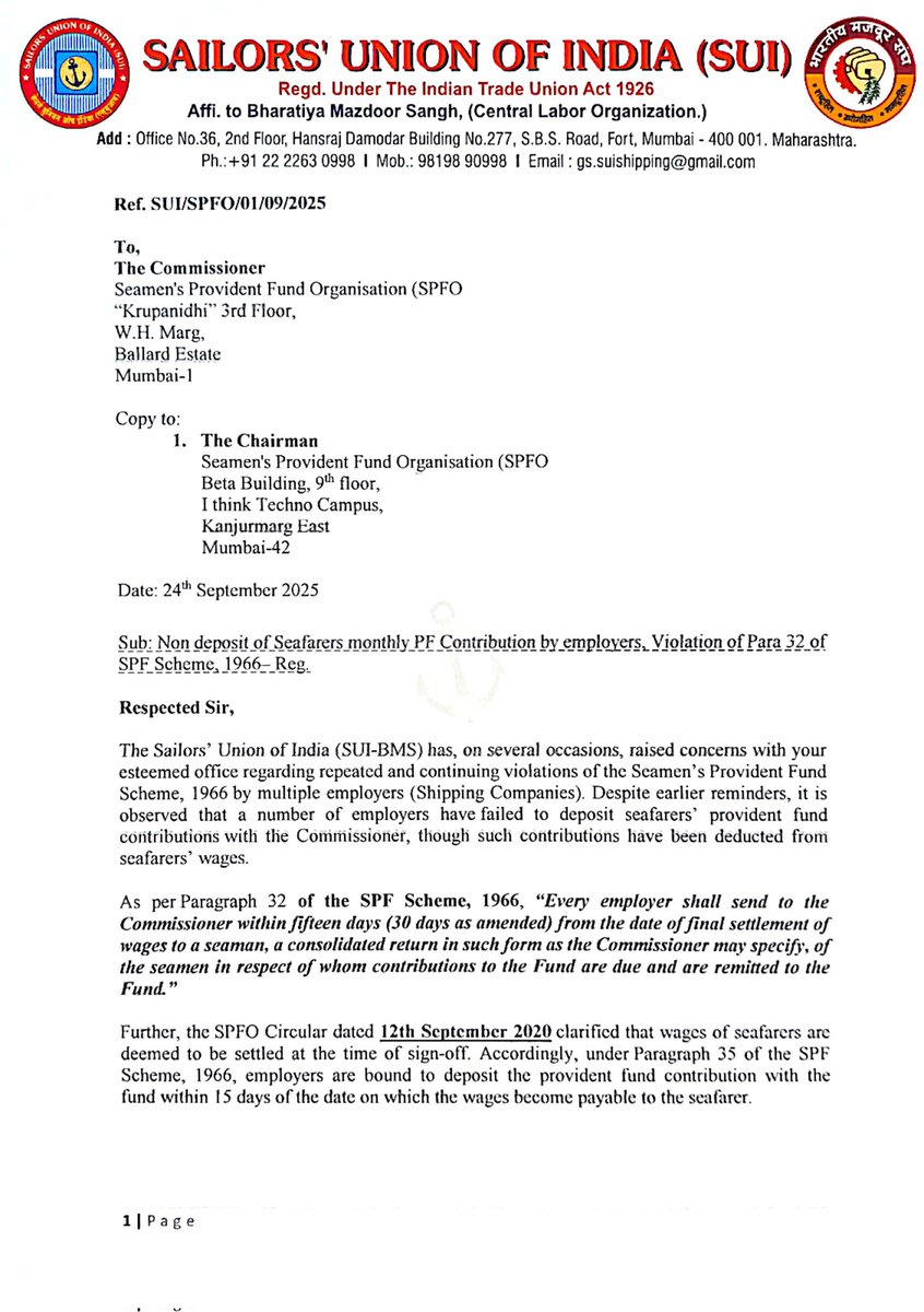 sui_union's tweet photo. SUI strongly opposes the irresponsible attitude of employers who fail to deposit seafarers’ Provident Fund contributions with the Commissioner of SPFO on time. This is a serious violation of seafarers’ rights and cannot be tolerated. #SeafarersRights #SUIBMS #PFJustice #SPFO https://t.co/1DggfqksNP