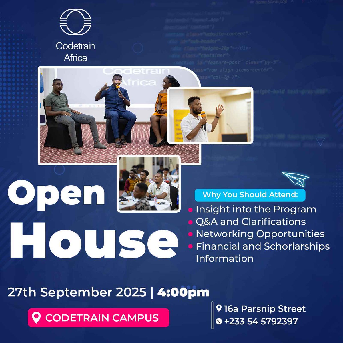 codetraingh's tweet image. We invite you to our final Open House this Saturday. Come and meet our students and alumni, Discover tech career opportunities and Learn how to join Codetrain
Don’t just hear about it, be there!
Date: Saturday, 27th September 2025
Venue: Codetrain Africa Campus
Time: 4:00pm